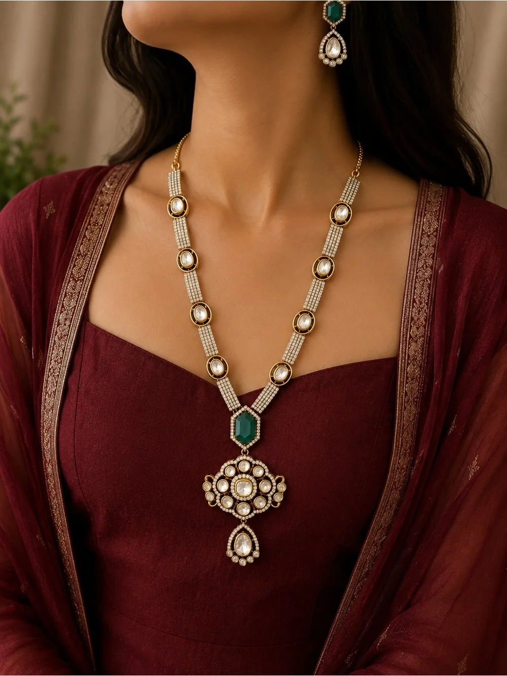 Emerald Green and Gold Statement Necklace Set - Women Jewelry
